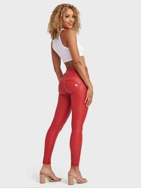 FREDDY WRUP RED FAUX LEATHER FULL LENGTH ZIP UP PANTS